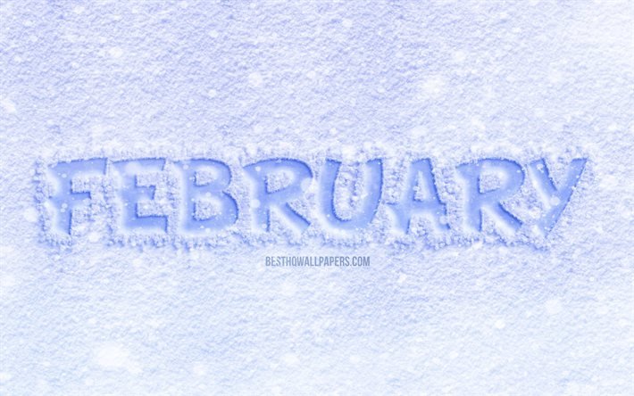 4k, February, ice letters, white background, winter, February concepts, February on ice, February month, winter months