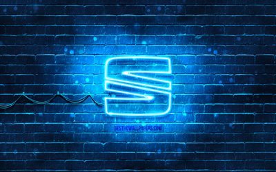 Seat blue logo, 4k, blue brickwall, Seat logo, cars brands, Seat neon logo, Seat