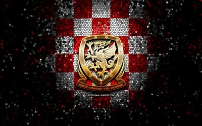Welsh football team, glitter logo, UEFA, Europe, red white checkered background, mosaic art, soccer, Wales National Football Team, FAW logo, football, Wales