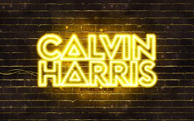 Logo giallo di Calvin Harris, 4k, superstar, DJ scozzesi, muro di mattoni giallo, logo Calvin Harris, Adam Richard Wiles, Calvin Harris, star della musica, logo al neon di Calvin Harris