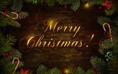 Merry Christmas, wooden backgrounds, christmas tree frame, Happy New Year, Christmas concepts