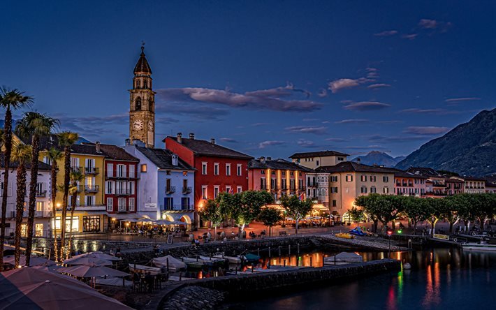Ascona, Lago Maggiore, sera, porto, cappella, paesaggio urbano di Ascona, Ticino, Svizzera