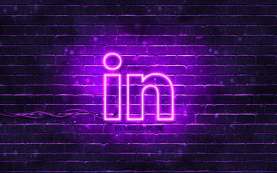 LinkedIn violet logo, 4k, violet brickwall, LinkedIn logo, social networks, LinkedIn neon logo, LinkedIn