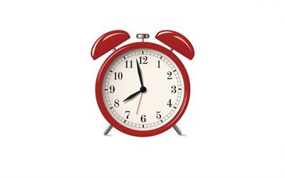 Despertador rojo, fondo blanco, conceptos de ma&#241;ana, tiempo para trabajar, despertador, conceptos de tiempo