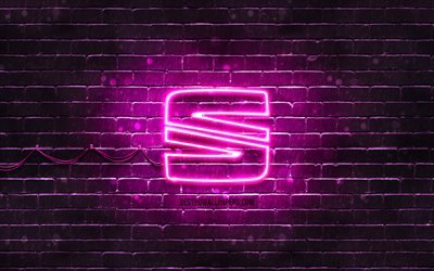 Seat purple logo, 4k, purple brickwall, Seat logo, cars brands, Seat neon logo, Seat
