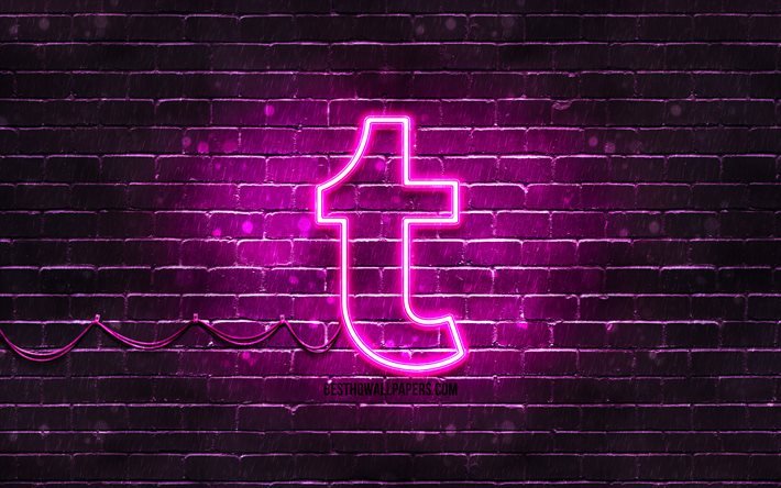 Tumblrの紫色のロゴ, 4k, 紫ブリックウォール, Tumblrのロゴ, ソーシャルネットワーク, Tumblrネオンロゴ, Tumblr
