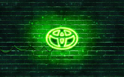 Toyota green logo, 4k, green brickwall, Toyota logo, cars brands, Toyota neon logo, Toyota