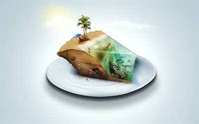 conceptos de viaje, isla, pedazo de pastel, isla en un plato, turismo