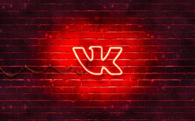 Logo rouge Vkontakte, 4k, brickwall rouge, logo Vkontakte, r&#233;seaux sociaux, logo VK, logo n&#233;on Vkontakte, Vkontakte
