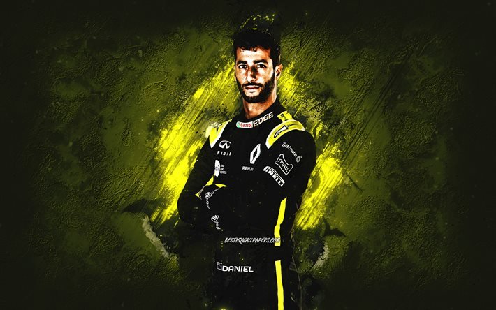 Daniel Ricciardo, Renault F1 Team, piloto australiano, F&#243;rmula 1, fundo de pedra amarela, F1, arte criativa