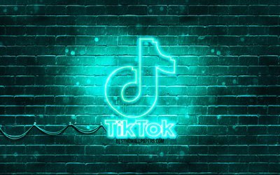 Logotipo turquesa TikTok, 4k, parede de tijolo turquesa, logotipo do TikTok, redes sociais, logotipo neon do TikTok, TikTok