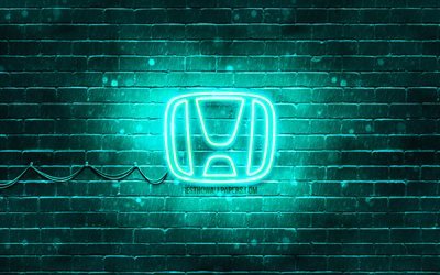 Honda turkuaz logo, 4k, turkuaz brickwall, Honda logosu, otomobil markaları, Honda neon logosu, Honda