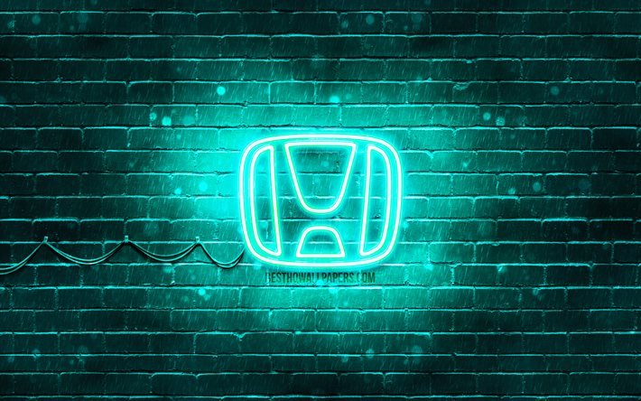 Honda logo turchese, 4k, muro di mattoni turchese, logo Honda, marche di auto, logo al neon Honda, Honda