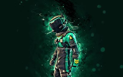 Toxic Trooper, 4k, turquoise neon lights, 2020 games, Fortnite Battle Royale, Fortnite characters, Toxic Trooper Skin, Fortnite, Toxic Trooper Fortnite