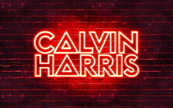カルビン・ハリスの赤いロゴ, 4k, スーパースター, スコットランドのDJ, 赤いブリックウォール, カルヴィン・ハリス, アダムリチャードウィルズ, 音楽スター, Calvin Harrisネオンロゴ