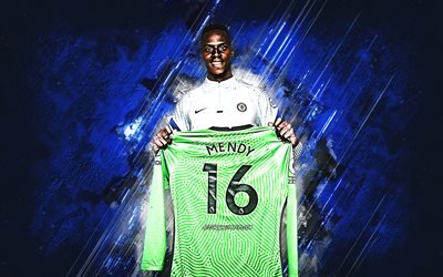 Edouard Mendy, Chelsea FC, futebolista senegal&#234;s, goleiro, fundo de pedra azul, futebol