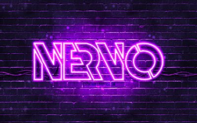 Nervo violett logotyp, 4k, superstj&#228;rnor, australiska DJs, violett brickwall, Nervo logotyp, Olivia Nervo, Miriam Nervo, NERVO, musikstj&#228;rnor, Nervo neon logotyp