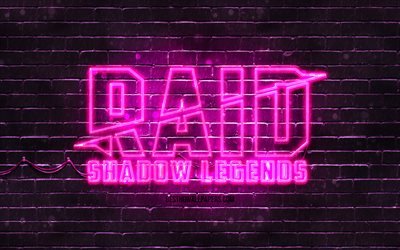 Raid Shadow Legends logotipo roxo, 4k, parede de tijolos roxos, logotipo raid Shadow Legends, jogos de 2020, logotipo neon Raid Shadow Legends, Raid Shadow Legends