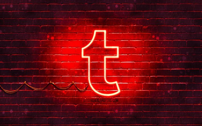 タンブラー赤のロゴ, 4k, 赤いブリックウォール, Tumblrのロゴ, ソーシャルネットワーク, Tumblrネオンロゴ, Tumblr