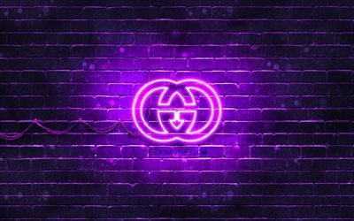 gucci violettes logo, 4k, violette ziegelwand, gucci logo, modemarken, gucci neon-logo, gucci