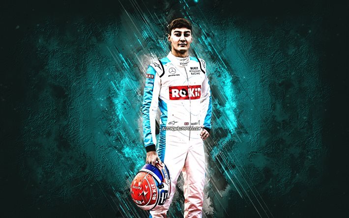 George Russell, Williams Racing, British racing driver, Formula 1, blue stone background, F1, Williams Grand Prix Engineering