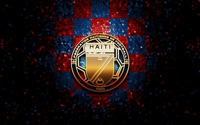 Squadra di calcio haitiana, logo glitter, CONCACAF, Nord America, sfondo a scacchi blu rosso, arte mosaico, calcio, Haiti National Football Team, logo FHF, Haiti