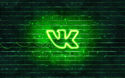 Logo vert Vkontakte, 4k, brique verte, logo Vkontakte, r&#233;seaux sociaux, logo VK, logo Vkontakte n&#233;on, Vkontakte