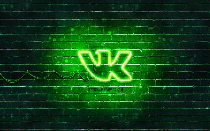 Vkontakte green logo, 4k, green brickwall, Vkontakte logo, social networks, VK logo, Vkontakte neon logo, Vkontakte