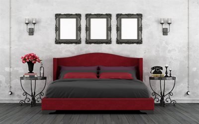 gothic style in the bedroom, bedroom project, red bed, forged Iron bedside tables, wrought iron bedside table, Gothic style, bedroom