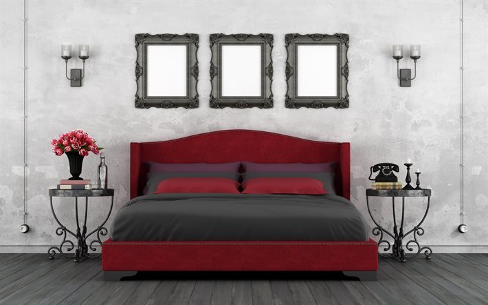 ゴシック様式のベッドルーム, ベッドルームプロジェクト, 赤いベッド, 鍛鉄製ベッドサイドテーブル, 鋳鉄のベッドサイドテーブル, ゴシック様式, ベッドルーム