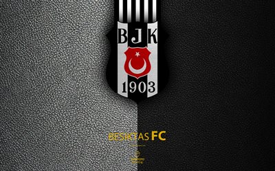Besiktas FC, 4k, Turkish football club, leather texture, emblem, Besiktas  logo, Super Lig, Istanbul, Turkey, football, Turkish Football Championship