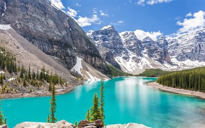 Moraine lake, 4k, summer, Banff National Park, mountains, Canadian Rockies, Alberta, Canada
