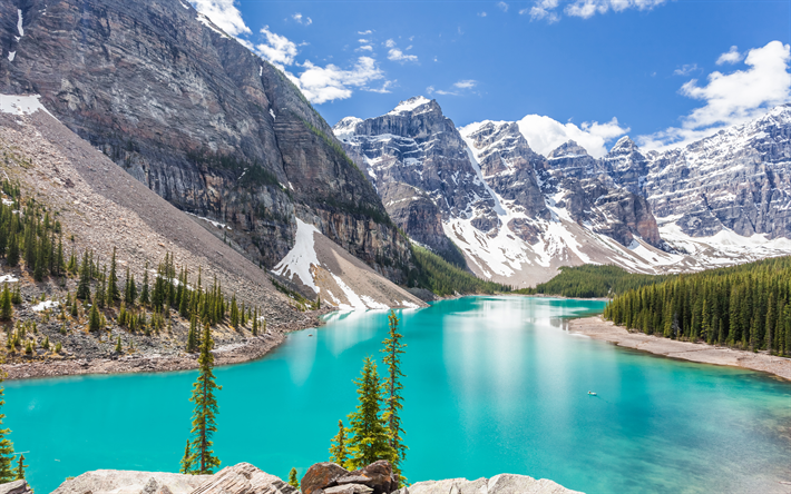 Lago Moraine, 4k, estate, Parco Nazionale di Banff, montagna, montagne Rocciose del canada, Alberta, Canada