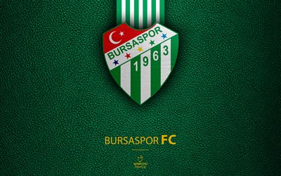 Bursaspor FC, 4k, Turkish football club, leather texture, emblem, Bursaspor logo, Super Lig, Bursa, Turkey, football, Turkish Football Championship