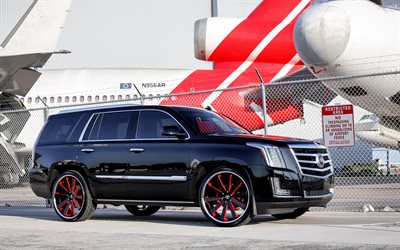 Cadillac Escalade, 2017, large luxury SUV, American cars, tuning Escalade, black and red wheels, Airport, Cadillac