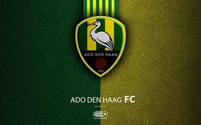 ADO Den Haag FC, 4K, オランダサッカークラブ, 革の質感, ロゴ, エンブレム, Eredivisie, デンハーグ, オランダ, サッカー, 最高のサッカーリーグ