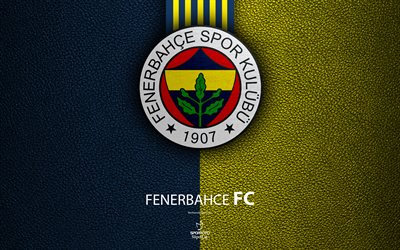 Fenerbahce FC, 4k, Turkish football club, leather texture, emblem, logo, Super Lig, Istanbul, Turkey, football, Turkish Football Championship