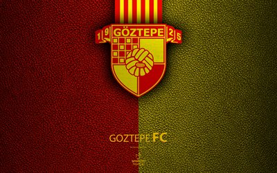 Goztepe FC, 4k, Turkish football club, leather texture, Goztepe emblem, logo, Super Lig, Izmir, Turkey, football, Turkish Football Championship