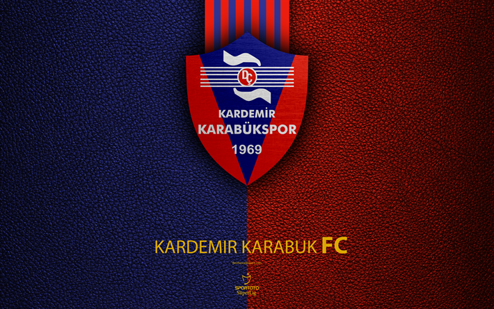 Kardemir karabukspor FC, 4k, التركي لكرة القدم, جلدية الملمس, شعار, سوبر Lig, كارابوك, تركيا, كرة القدم