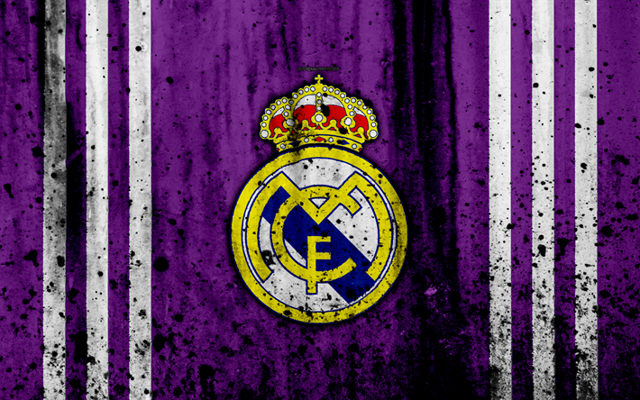 Real Madrid, 4k, grunge, UEFA Şampiyonlar Ligi, Galacticos, mor arka plan, futbol, futbol kul&#252;b&#252;, LaLiga, Real Madrid FC