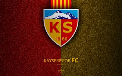 Kayserispor FC, 4k, Turkish football club, leather texture, emblem, logo, Super Lig, Kayseri, Turkey, football, Turkish Football Championship