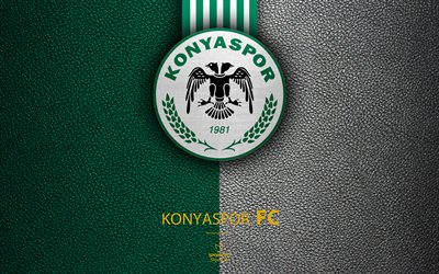Konyaspor FC, 4k, Turkish football club, leather texture, emblem, Konyaspor logo, Super Lig, Konya, Turkey, football, Turkish Football Championship