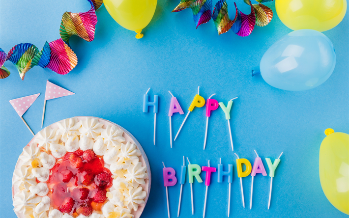 Grattis på födelsedagen, holiday begrepp, tårta, ljus, ballonger, födelsedag begrepp