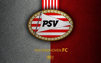 PSV Eindhoven FC, 4K, olandese football club, texture in pelle, PSV, logo, stemma, Eredivisie, Eindhoven, paesi Bassi, calcio, Campionato di Calcio olandese