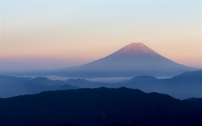 4k, Mount Fuji, sunrice, Fujiyama, japanese landmarks, Asia, stratovolcano, Japan