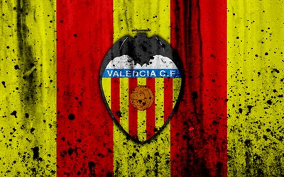 Valencia, 4k, grunge, La Liga, stone texture, soccer, football club, LaLiga, Valencia FC