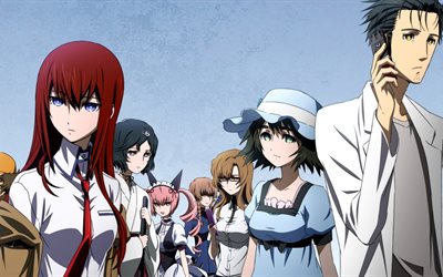 Steins Gate, 4k, manga, Japon anime, romantizm, İtaru Hashida, Makise Kurisu, Mayuri Shiina, Rintarou Okabe