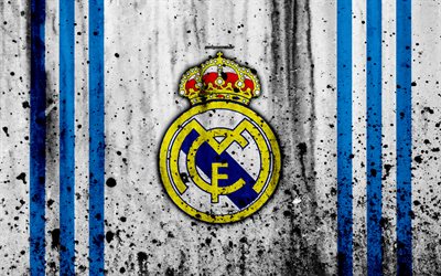 Real Madrid, 4k, Galacticos, grunge, UEFA Şampiyonlar Ligi, beyaz arka plan, futbol, futbol kul&#252;b&#252;, LaLiga, Real Madrid FC