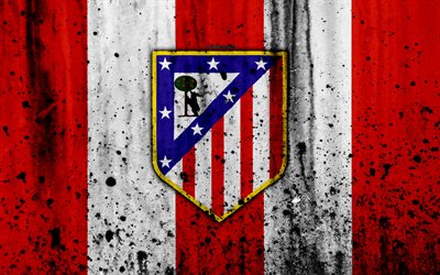 Atletico Madrid, 4k, grunge, Ligi, taş doku, futbol, futbol kul&#252;b&#252;, LaLiga, Atletico Madrid FC