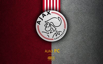 Ajax FC, 4K, Dutch football club, leather texture, logo, Ajax emblem, Eredivisie, Amsterdam, Netherlands, football, Dutch Football Championship